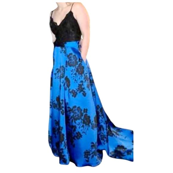 Formal Maxi Dress Women Size 4 Blue Floral Black Lace Pockets Open Back Zip Gown - Picture 1 of 7